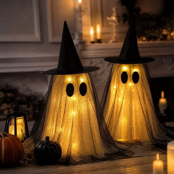 Cififendec Halloween Light Up Fabric Ghost Hanging Ornament, Double Layer Tulle Ghost with Witch Hat for Porch Eave and Fireplace Mantel Decor, 21.65"