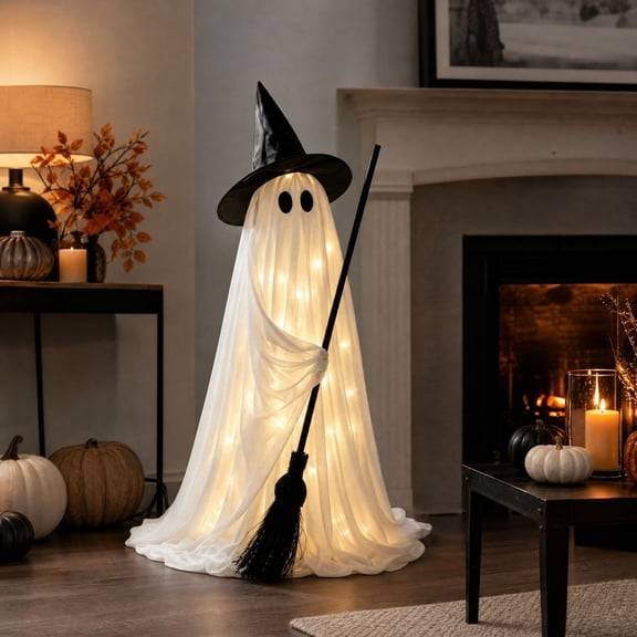 Cififendec Halloween Lighted Ghost with Witch Hat and Broom, Standing Ghost Figurine for Indoor Porch and Fireplace Holiday Styling, 42.5"