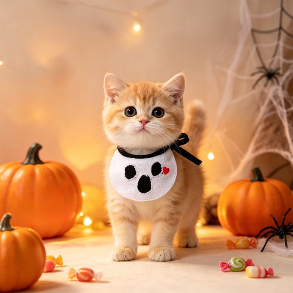 Cififendec Halloween Pet Bandana Bib, 4.53"2.95", Ghost Embroidered Adjustable Tieon Pet Neckwear for Kitten Small Dog Party Costume