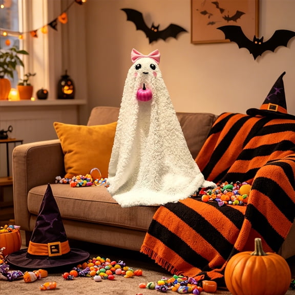 Cififendec Halloween Plush Light Up Ghost Figurine, 21.65", Fluffy Sherpa Cloth Ghost Statue for Entry Mantel Playroom Fall Party Ornament