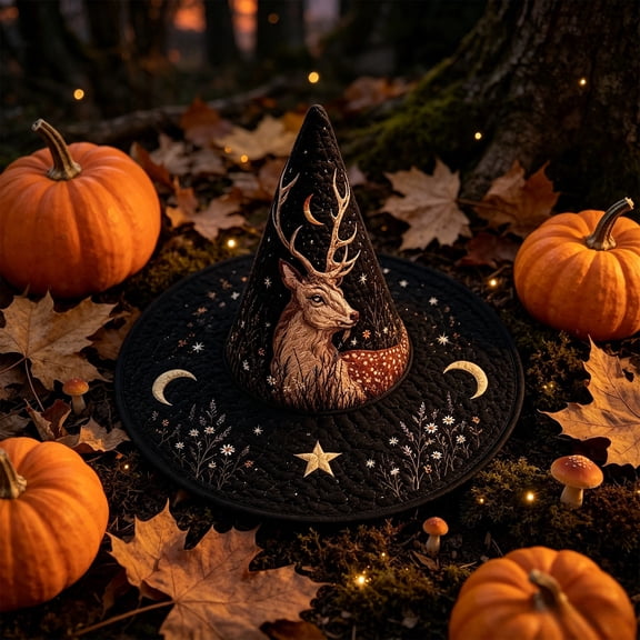 Cififendec Halloween Quilted Embroidered Witch Hat, Art Wizard Hat with Floral Moon Pattern for Party Wear and Vintage Tabletop Styling, 16.92"×11.81"