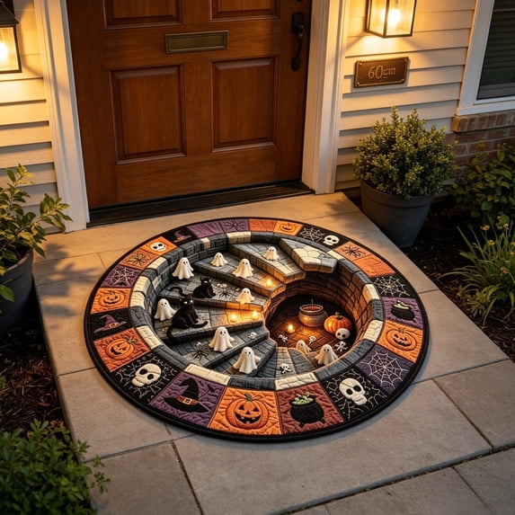 Cififendec Halloween Round Area Rug, 3D Illusion Ghost Spiral Stair Themed Circular Floor Mat for Living Room and Spooky Party Space, 23.62"