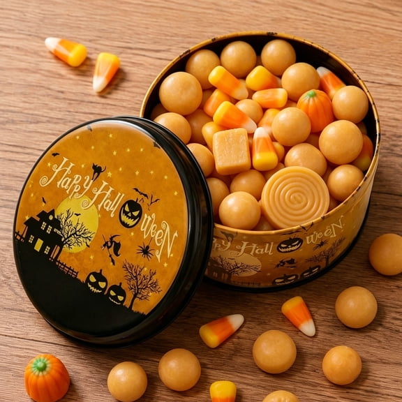 Cififendec Halloween Round Tin Storage Canister, 5.51"×3.15", Empty Metal Container for Candy Jewelry Trinket Countertop Gift Bag Favor Spooky Season Accent