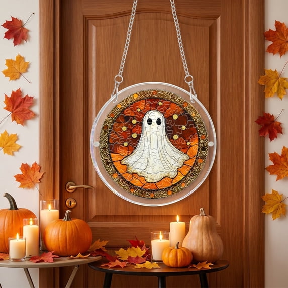 Cififendec Halloween Stained Glass Puzzle Suncatcher, 8.66", Acrylic Hanging Window Decor for Bay Window Porch Eave Glass Door Autumn Window Focal Embellishment