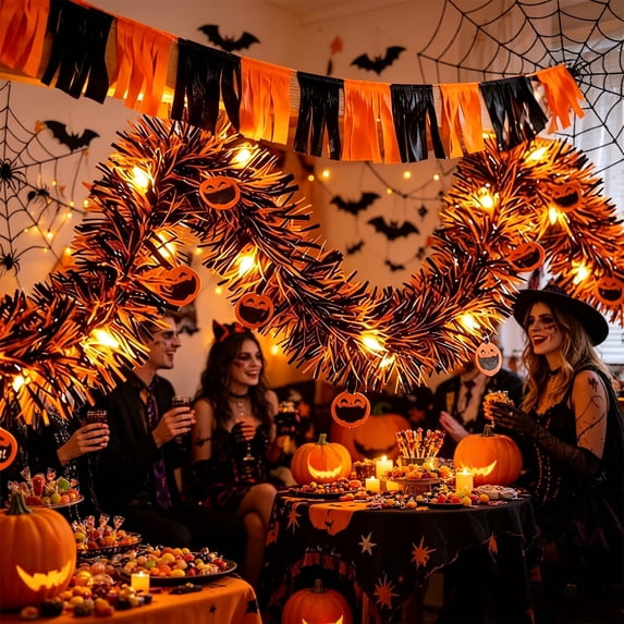 Cififendec Halloween Tinsel LED Garland, 118.1", Battery Operated Pumpkin Face Light String for Mantel Edge Swag, Door Trim Winding, Buffet Shelf Embellishment
