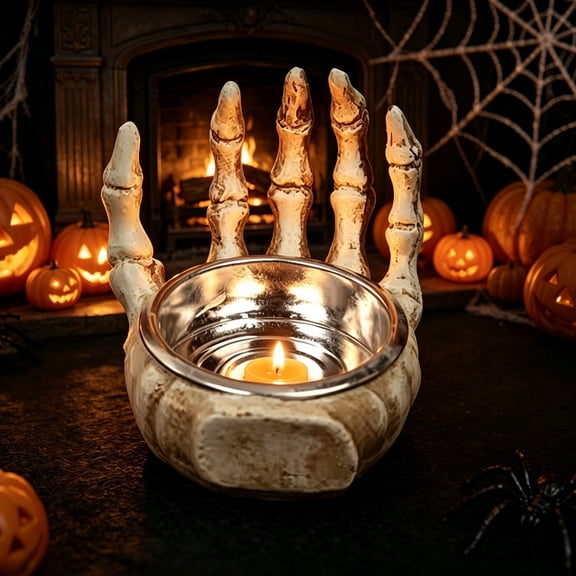 Cififendec Halloween Vintage Skeleton Hand Resin Candle Holder, 2.1", Weathered Bone Shape Tealight Candlestick for Spooky Atmosphere Decoration