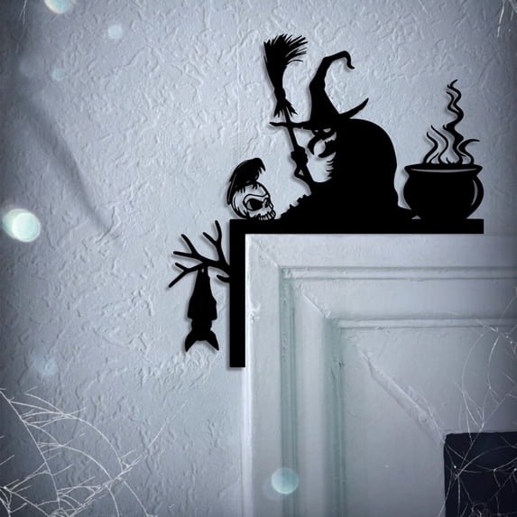 Cififendec Halloween Witch Door Corner Topper, 9.84"×9.28", Metal Silhouette Frame Decor with Skull Bat for Doorframe Mantel and Cabinet Edge Styling