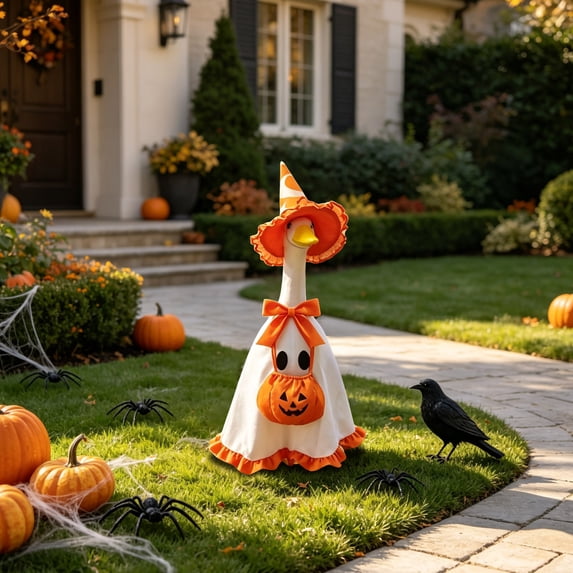 Cififendec Halloween Witch Goose Outfit Set, Ruffled Witch Hat Ghost Cape and Pumpkin Treat Bag for 23" Front Porch Goose Statue Dressing