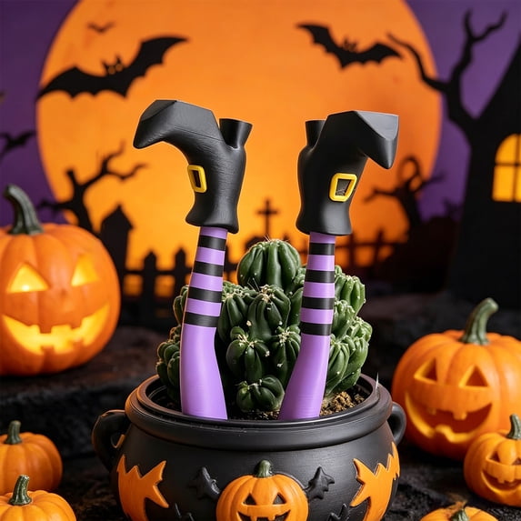 Cififendec Halloween Witch Leg Plant Stakes, 4.33", Plastic Spooky Striped Witch Boot Flower Pot Picks for Garden Planter Table Decor