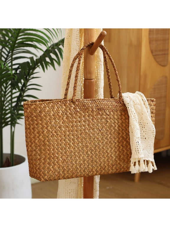 Hand Woven Straw Tote Bag, 16.14"15.75", Large Capacity Natural Rattan Weave Shoulder Handbag for Beach Picnic Grocery Shopping Daily Sundry Storage Basket