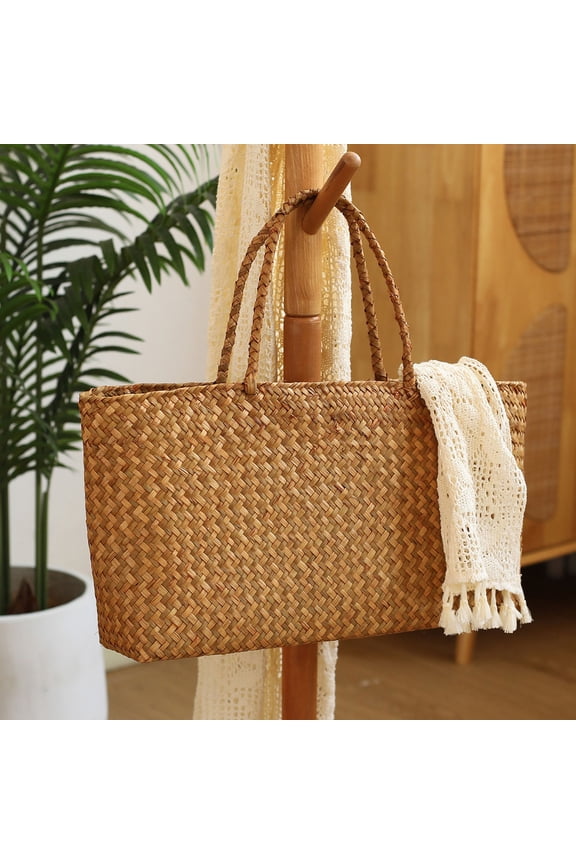 Hand Woven Straw Tote Bag, 16.14"15.75", Large Capacity Natural Rattan Weave Shoulder Handbag for Beach Picnic Grocery Shopping Daily Sundry Storage Basket