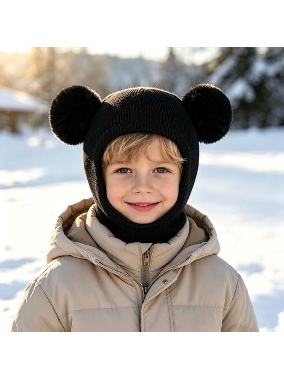 Kids Winter Bear Ear Knit Beanie Hat, Thick Fleece Lined Warm Ear Flap Cap for Boys Girls Outdoor Snow Play and Cold Weather Wear