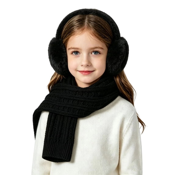 Cififendec Kids Winter Knit 2-Piece Accessory Pack, Plush Earmuff and Ribbed Scarf, Solid Color Insulated Set for Boys Girls, Black