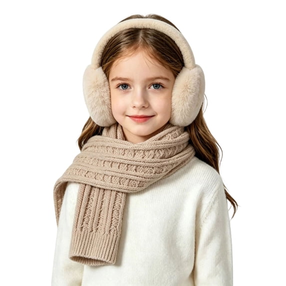 Cififendec Kids Winter Knit 2-Piece Accessory Pack, Plush Earmuff and Ribbed Scarf, Solid Color Insulated Set for Boys Girls, Khaki