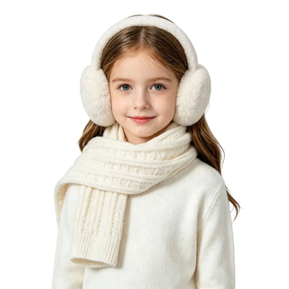 Cififendec Kids Winter Knit 2-Piece Accessory Pack, Plush Earmuff and Ribbed Scarf, Solid Color Insulated Set for Boys Girls, White
