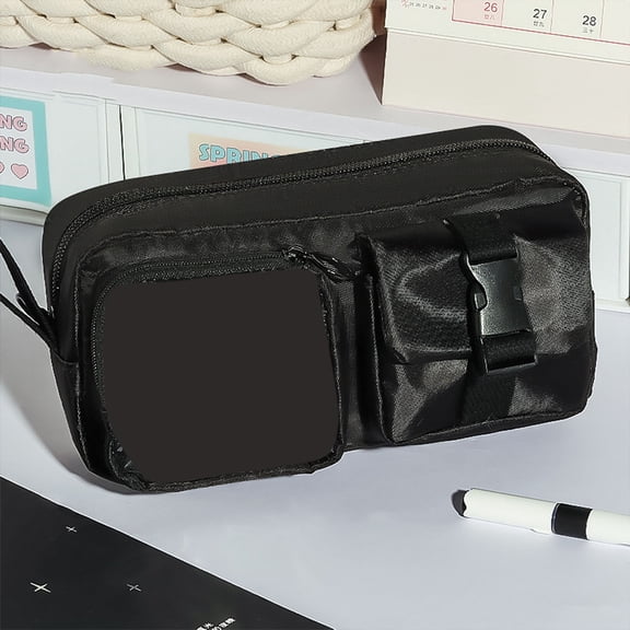 Cififendec Large Capacity Pencil Case, 3 Compartments Pouch Pen Bag with Fructose-colored Pocket for Exam Office(Black)