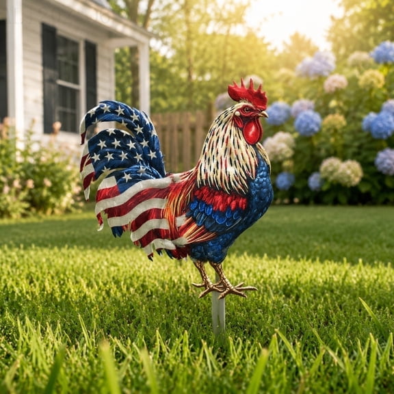 Cififendec Memorial Day Rooster Yard Stake, 7.87", Distressed Star Striped Cock Lawn Metal Ornament for Front Home Lawn & Shrub Edge Outdoor Holiday Decor