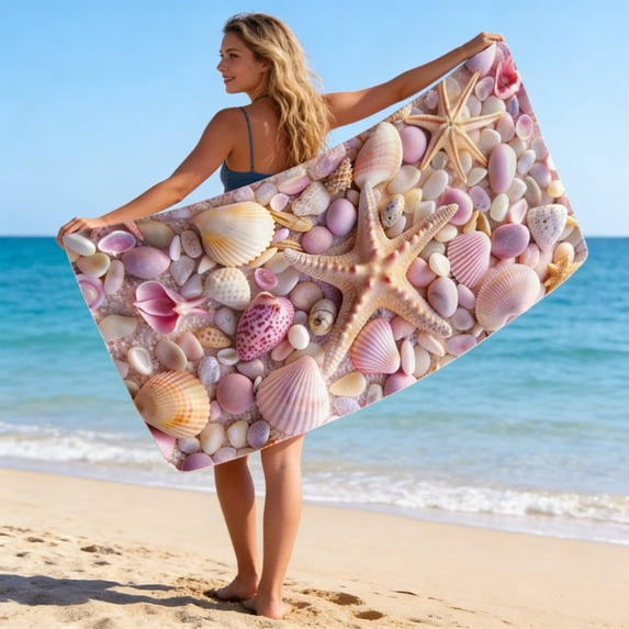 Cififendec Ocean Seashell Microfiber Bath Towel, Oversized Travel Foldable Skin-Friendly Quick Dry Absorbent and Sandproof Beach Towel, Holiday Gift
