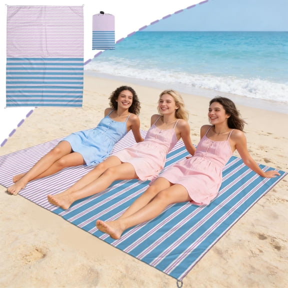 Cififendec Oversized Beach Blanket, 78.74"*55.12"for 2-5 Adults, Colorful Strip Pattern, Waterproof and Sandproof, Beach Accessories(Include Storage)