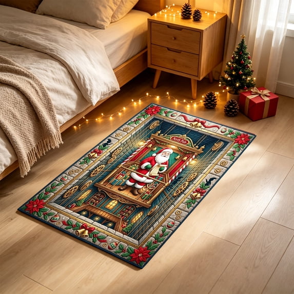 Cififendec Oversized Christmas 3D Visual Area Rug, 31.5"×19.68", Vintage Santa Themed Embossed Floor Mat for Xmas Living Room Floor Laying