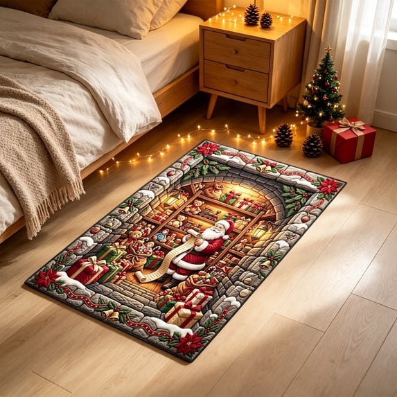 Cififendec Oversized Christmas 3D Visual Area Rug, 31.5"×19.68", Vintage Santa Themed Embossed Floor Mat for Xmas Living Room Floor Laying