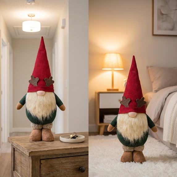 Cififendec Oversized Christmas Corduroy Antler Gnome Figurine, Tall Faceless Santa Style Doll for Bedroom Nightstand Decor, Holiday Gifting Matching Styling Plan