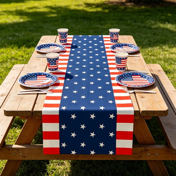 Cififendec Patriotic Rustic Table Runner, 72"×13", 4th of July Star & Stripes Rustic Table Scarf, Red White Blue Decor for Memorial Day, Kitchen & Farmhouse Dining Table Decor