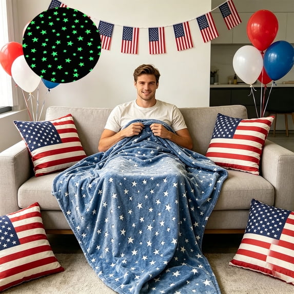 Cififendec Patriotic Star Fleece Blanket, 59.06"×39.37", Independence Day Blue Throw Blanket with Luminous Stars for Bedroom, 4th of July Decor & Nap