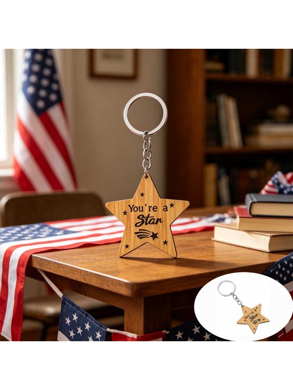 Patriotic Star Wooden Keychain, 2", 4th of July Engraved Wood Key Ring with Quote Print for Independence Day, Daily Carry & Holiday Gift Decor
