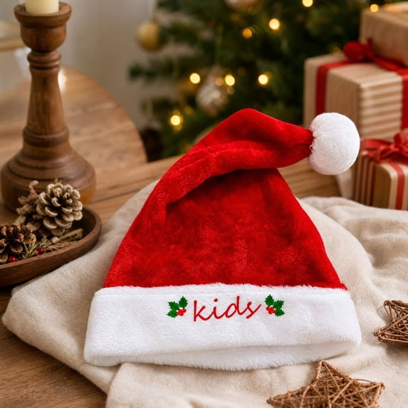 Cififendec Plush Christmas Santa Hat, 15.75" x 11.81", Embroidered Kids Size Soft Holiday Headwear