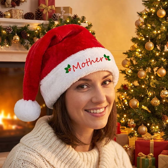 Cififendec Plush Christmas Santa Hat, 15.75" x 11.81", Embroidered Mother Size Soft Holiday Headwear