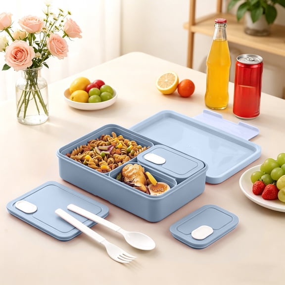 Cififendec Portable Lunch Box with Top Handle, 8.66"×6.22", Microwavable 3 Compartment Leakproof Bento Food Container with Matching Spoon Fork for School Office