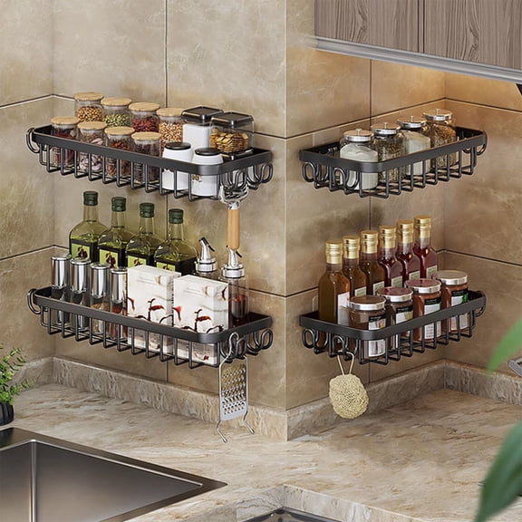 Cififendec Single Tier Metal Spice Rack with 4 Hooks, 15.75", Wall Mount Kitchen Storage Organizer for Condiment Bottles Cooking Oil & Small Utensil Arrangement
