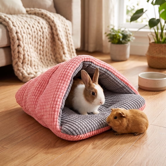 Cififendec Small Pet Semi Enclosed Cave Bed, 12.6"×11.81", Warm Grid Pattern Hideout Nest for Rabbit Guinea Pig Kitten Hedgehog Indoor Resting
