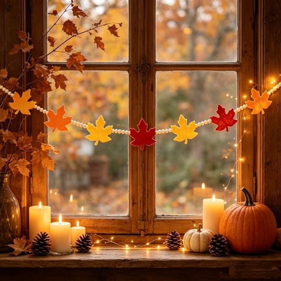 Cififendec Thanksgiving Felt Maple Leaf Garland, Bead Fall Harvest Banner for Mantel Hanging and Rustic Window Layout, 4.2ft