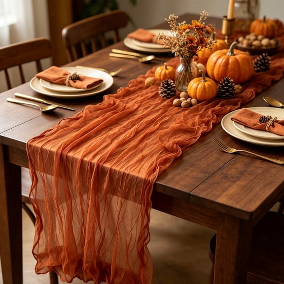 Cififendec Thanksgiving Harvest Crinkled Table Runner, 70.86"×35.43", Boho Style Soft Polyester Sheer Fabric Table Runner for Fall Dinner Table Decor