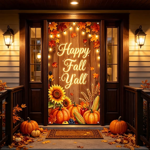 Cififendec Thanksgiving Harvest Door Banner, 70.87"×35.43", Fall Themed Printed Door Cover with Pre Drilled Corner Holes for Front Porch Decor