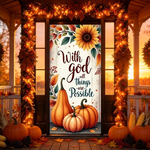 Cififendec Thanksgiving Harvest Door Cover, 70.87"×35.43", Rustic Pumpkin Sunflower Maple Leaf Fabric Door Banner for Fall Front Porch Door Decor