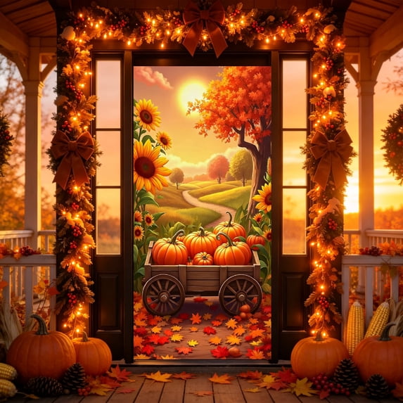 Cififendec Thanksgiving Harvest Door Cover, 70.87"×35.43", Rustic Pumpkin Sunflower Maple Leaf Fabric Door Banner for Fall Front Porch Door Decor