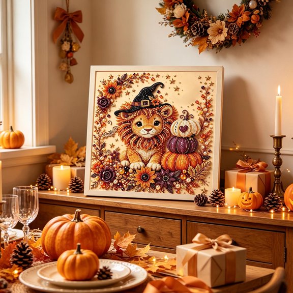 Cififendec Thanksgiving Harvest Pearl Art Painting, 11.81", Fall Themed Pumpkin Witch Hat DIY Painting Set for Tabletop Frame Accent Decor