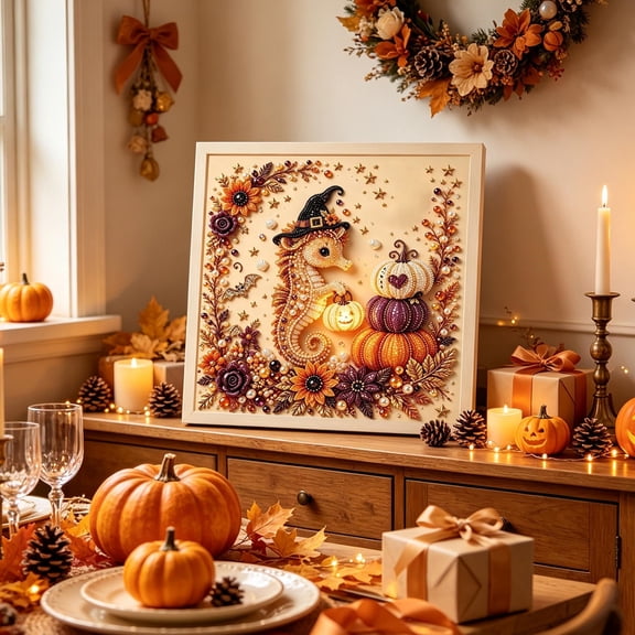 Cififendec Thanksgiving Harvest Pearl Art Painting, 11.81", Fall Themed Pumpkin Witch Hat DIY Painting Set for Tabletop Frame Accent Decor