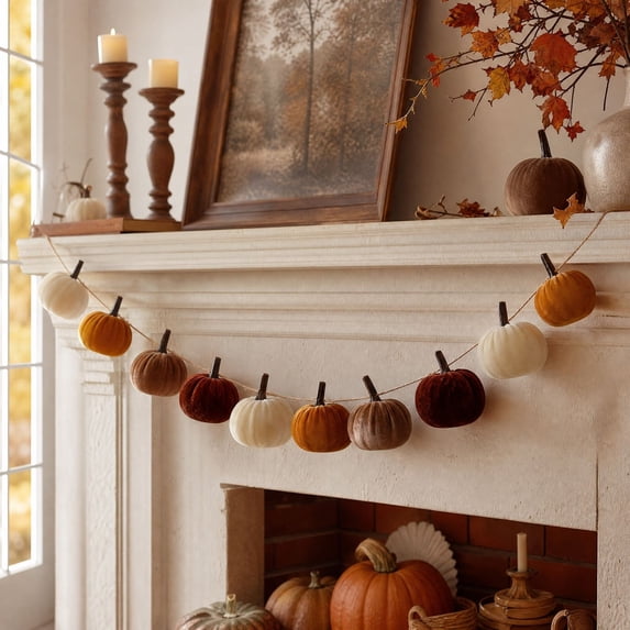 Cififendec Thanksgiving Harvest Pumpkin Garland, 98.43", Multi Tone Soft Pumpkin Twine String Hanging Decor for Fall Fireplace Mantel Decor