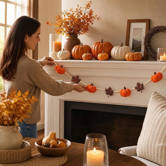Cififendec Thanksgiving Harvest Pumpkin Maple Leaf Garland, 78.74", Bead Felt Pumpkin Maple Leaf Hanging Banner for Mantel Shelf Decor