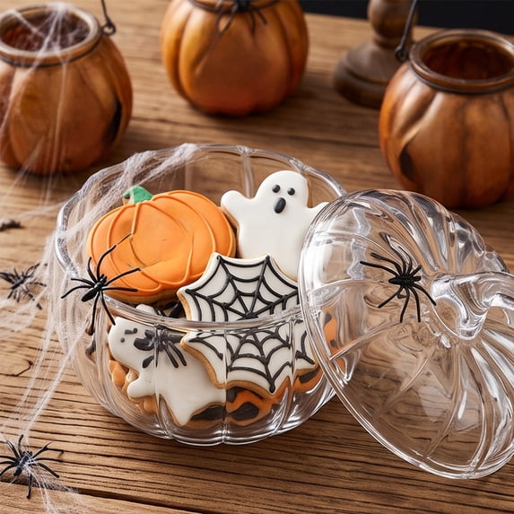 Cififendec Thanksgiving Pumpkin Shaped Glass Candy Jar with Lid, Clear Storage Bowl for Harvest Holiday Dessert Table Arranging, 5.7"×4.72"