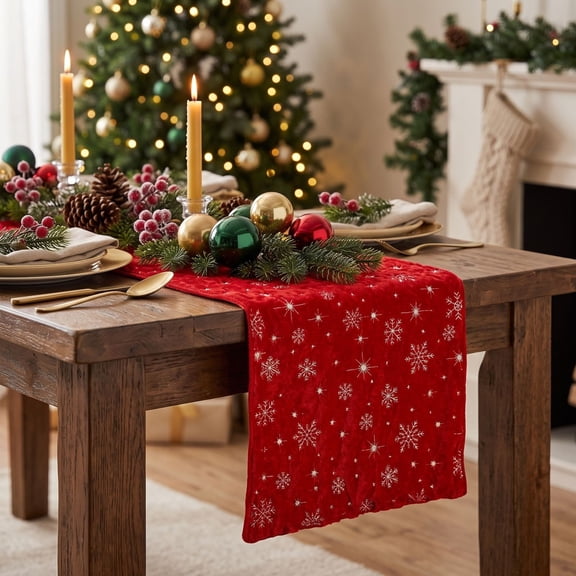 Cififendec Velvet Christmas Table Runner, Embroidered Snowflake Soft Plush Table Runner for Wooden Dining Table and Xmas Holiday Meals, 70.86"×12.99"