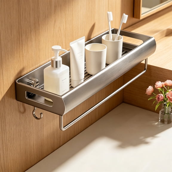 Cififendec Wall Mounted Bathroom Storage Shelf, 15.74"×5.12", No Drill Hollow Metal Shower Organizer with Towel Bar and Hooks for Skincare Toiletries