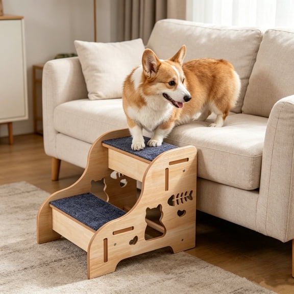 Cififendec Wooden Two Step Pet Stair Ramp, Carpeted Non Slip Dog Cat Climbing Steps for Sofa Access Bedroom Bed Climbing Help