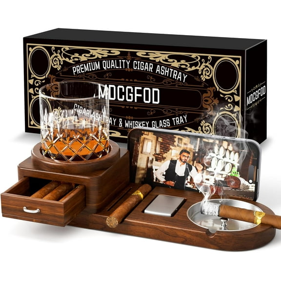 Cigar Ashtray Coaster Whiskey Glass Tray and Cigar Holder, Wooden Ash Tray, Slot to Hold Cigar, Cigar Rest Cigar Accessory Set Gift for Men Dad, Great Decor for Home (with der)