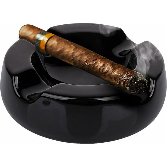 Cigar Ashtray Outdoor Cigarette Ash Tray – 5.9 inch Ceramic Ashtrays Black Glossy Cigar Rest for Indoor, Outdoor, Patio, Home, Office Use – Cigar Accessories Gift Set for Men and Women