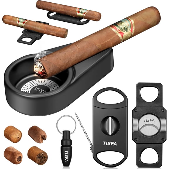 Cigar Ashtray Set, Portable Ash tray for Outdoor, Hole Punch, V Cutter with Draw Enhancer and Holder, Straight Cutter with Stand, Cigar Accessories Ashtray Gift Set